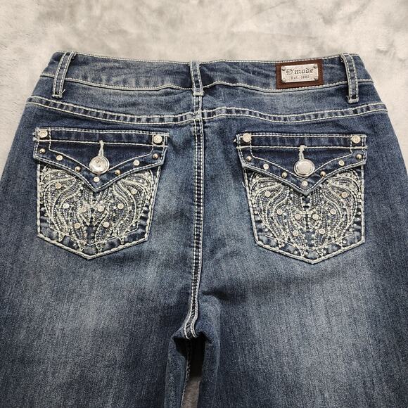 NEW D'mode Jeans Womens 11 Juniors Blue Mid Rise Straight Leg Flap Pockets Bling - Picture 4 of 16